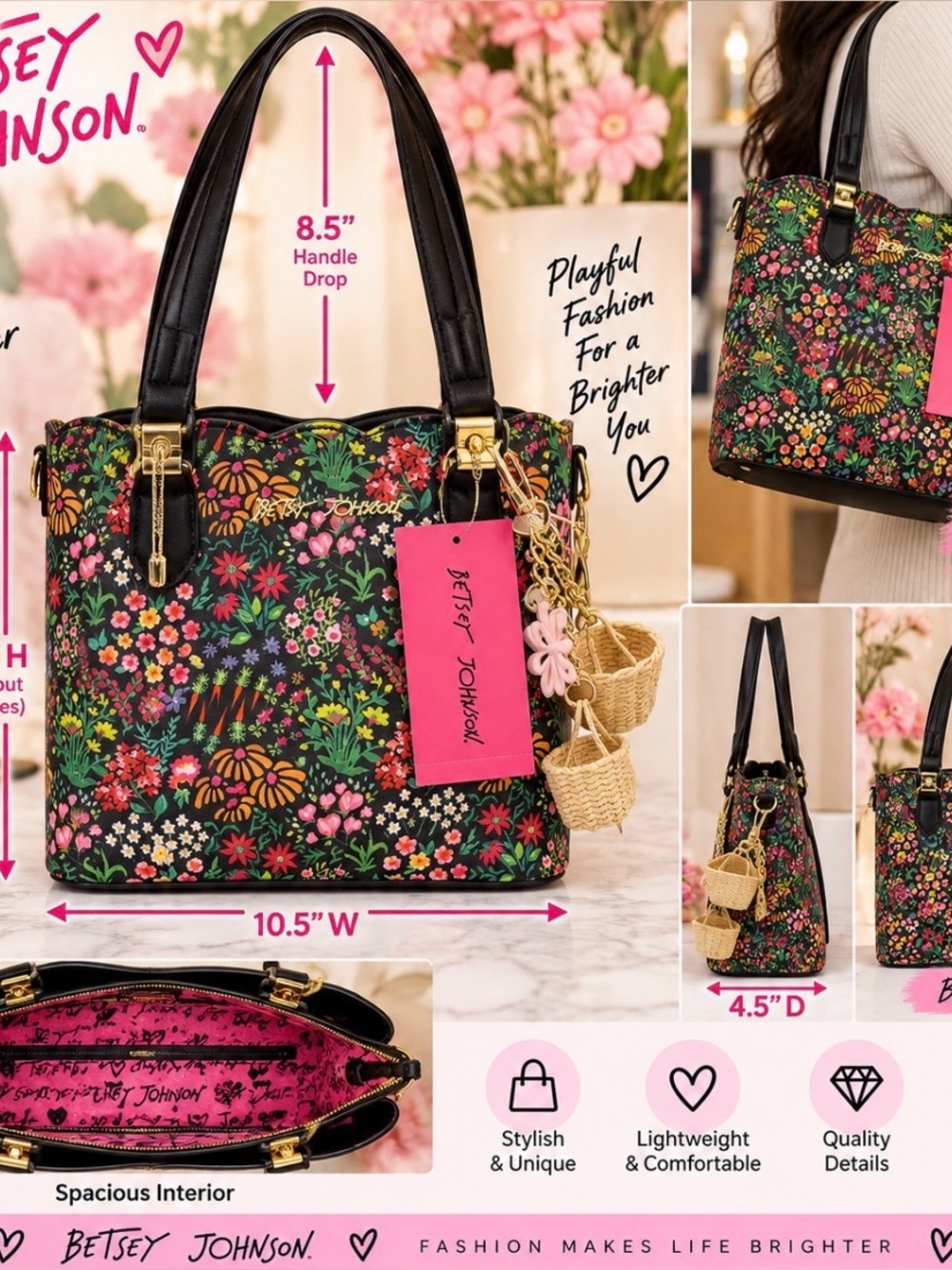 Betsey Johnson Black Multi Floral Tote with Gold Hardware